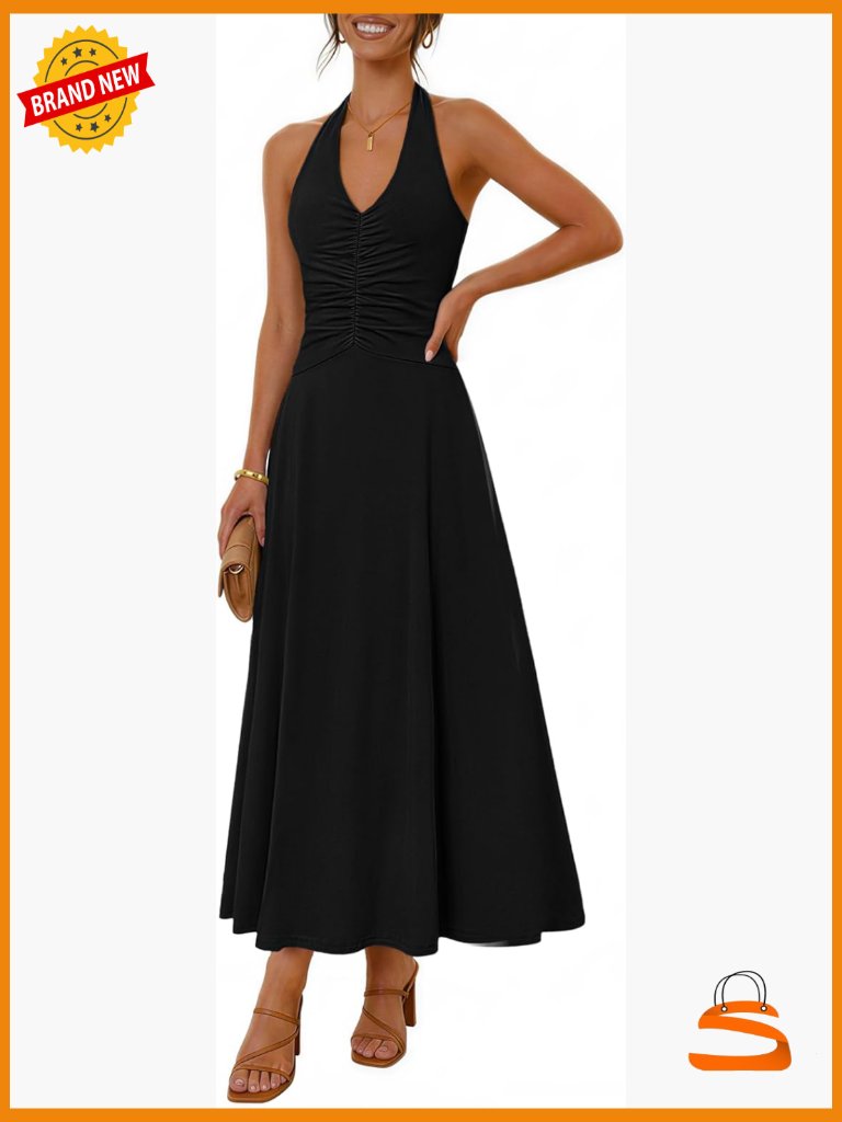 Women's Halter Maxi Dress Backless Sleeveless V Neck Ruched Cocktail Wedding